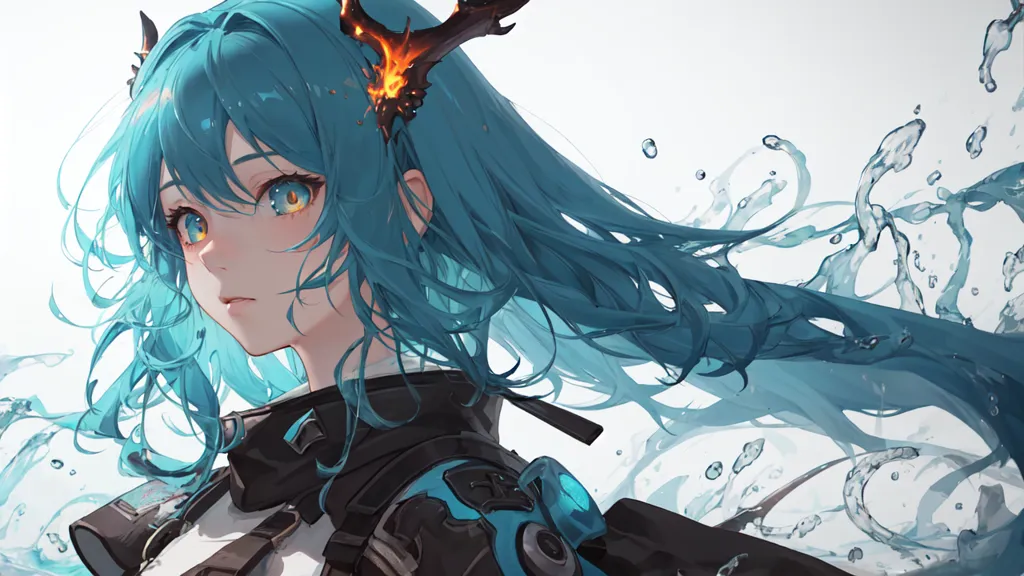 This is an illustration of a young woman with long blue hair and yellow eyes. She has horns made of fire coming out of her head. She is wearing a black and white outfit with a blue gem on her chest. She is standing in front of a white background with a splash of water on the right side of the image.