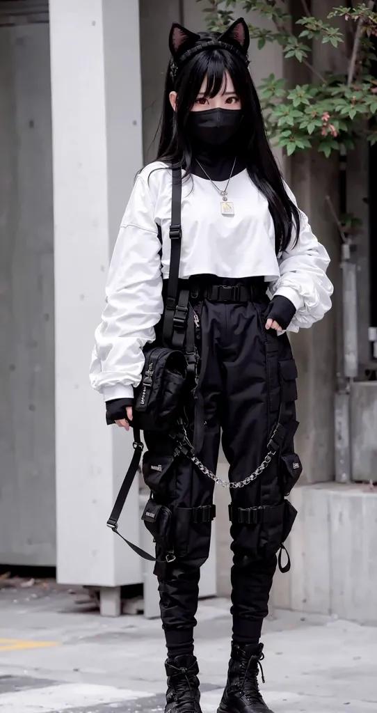 The photo shows a young woman wearing a white cropped sweater, black pants with lots of straps and buckles, and black boots. She is also wearing a black mask and a black necklace. Her long black hair is styled with cat ears. She is standing in front of a gray concrete wall with some green plants in the background.