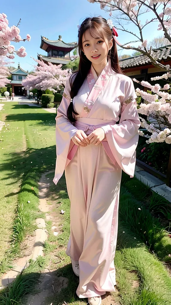 The image shows a young woman wearing a hanfu, a traditional Chinese dress, in a garden with cherry blossoms. The hanfu is pink with white and blue floral embroidery. The woman has her hair in a bun and is wearing traditional Chinese makeup. She is smiling and looks happy. The background of the image is a Chinese garden with a pagoda and a stone path. The cherry blossoms are in full bloom and the trees are green. The image is taken from a slightly elevated angle, which gives the viewer a good view of the woman and the garden.