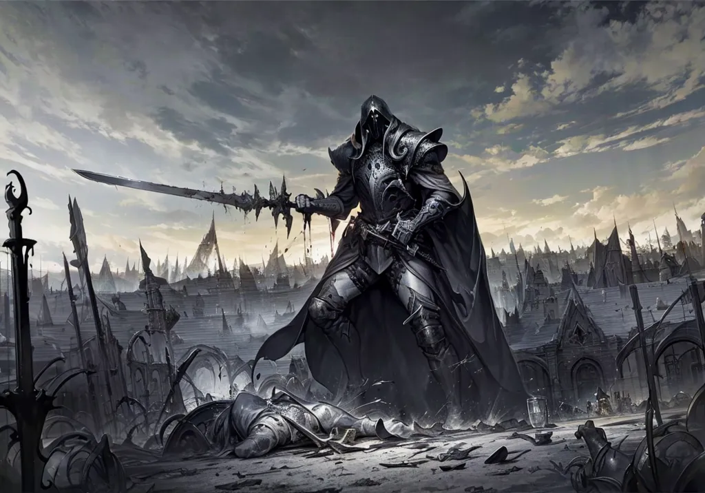 The image is of a dark figure standing in a ruined city. The figure is wearing a black cloak and a helmet with a skull-like face. It is holding a large sword in its right hand. The city is in ruins, with broken buildings and dead bodies everywhere. The sky is dark and cloudy.