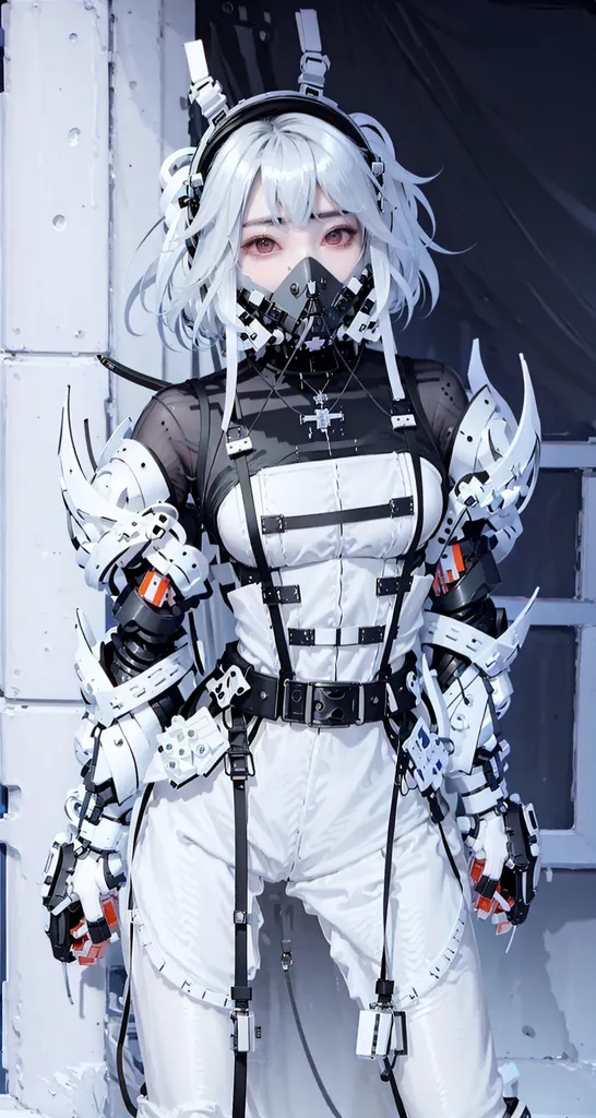 The image is of a young woman with white hair and red eyes. She is wearing a white bodysuit with black and red accents. The bodysuit is covered in straps and buckles. She is also wearing a pair of white gloves and boots. The woman is standing in a dark room with a white background. There is a large window to her right.