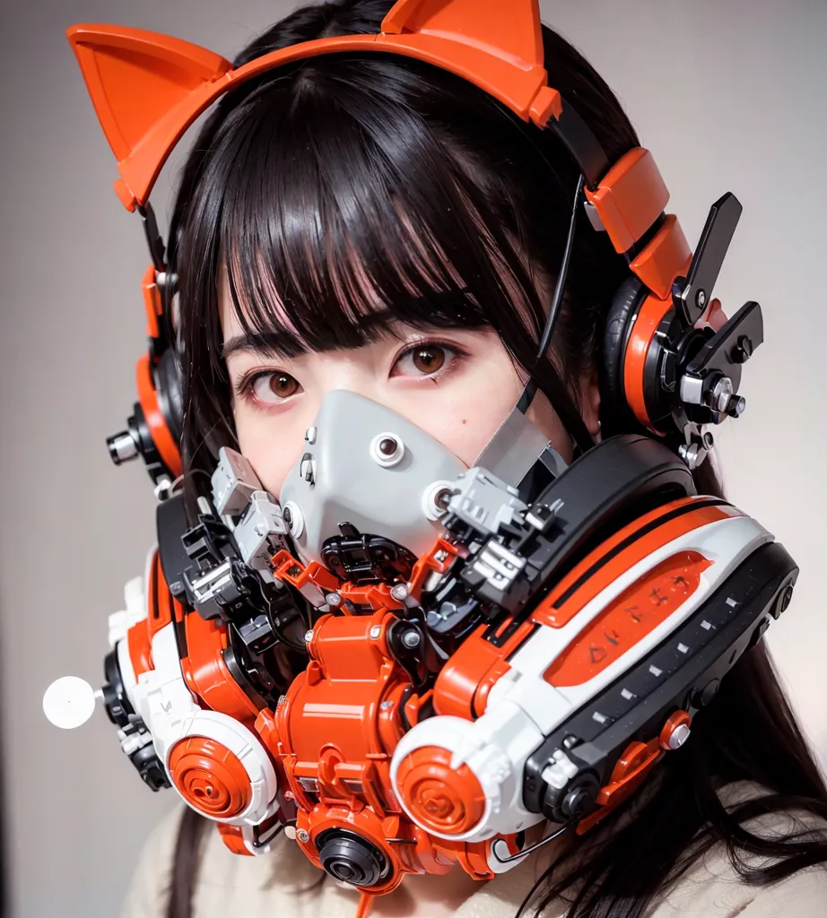 This is an image of a young woman wearing a steampunk style mask and cat ears. The mask is orange and white and covers her mouth and nose. She is looking at the camera with her brown eyes. She has long black hair and a fringe.