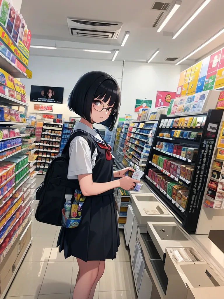 A imagem é de uma estudante japonesa em um supermercado. Ela tem cabelos pretos curtos, olhos pretos e está usando óculos. Ela está vestindo uma camisa branca, saia preta e uma mochila preta. Ela está segurando uma lata de Pocari Sweat na mão esquerda e está olhando para o seu telefone na mão direita. Há prateleiras de lanches e bebidas atrás dela.