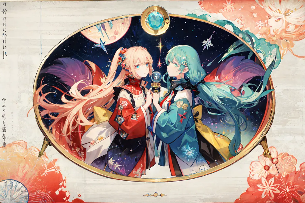 The image is of two anime girls in a mirror. The girl on the left has long blonde hair and is wearing a red and white kimono. The girl on the right has long green hair and is wearing a blue and white kimono. They are both holding a staff with a glowing orb on the end. The background is a starry night sky with a full moon. The image is surrounded by a frame of red and white flowers.