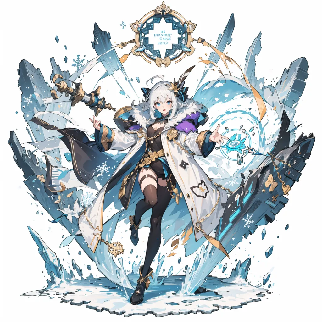 The image shows a young woman with white hair and blue eyes. She is wearing a white and blue outfit and is surrounded by ice and snow. She is holding a staff in her right hand and has a determined expression on her face. In the background, there is a large snowflake-shaped emblem.