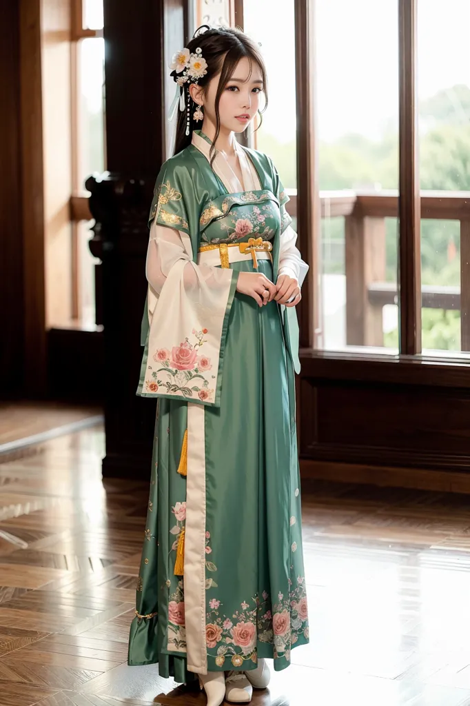 L'image montre une jeune femme portant une robe traditionnelle chinoise appelée Hanfu. La robe est verte avec des broderies florales blanches et roses. La femme a les cheveux attachés en chignon et porte des chaussures blanches. Elle se tient debout dans une pièce avec des sols et des murs en bois.