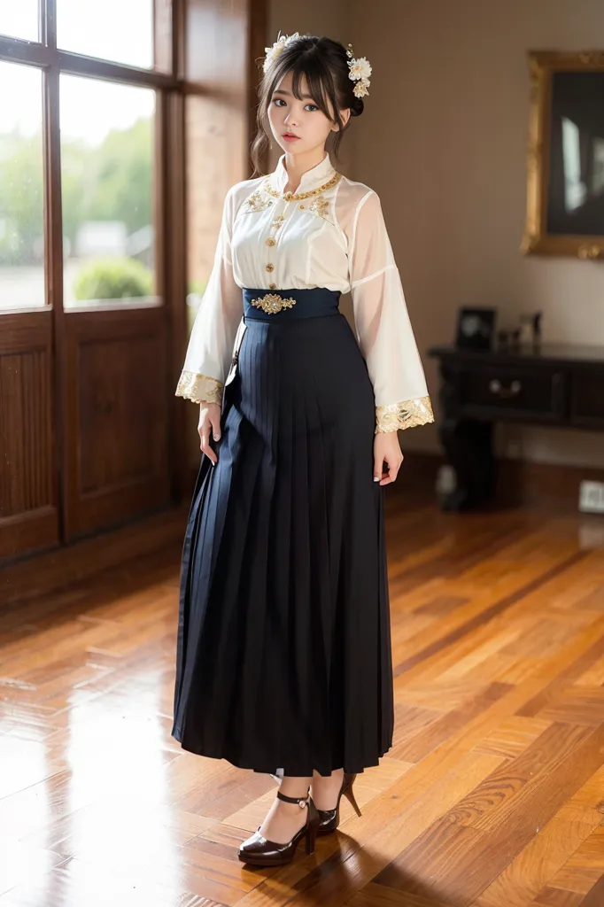 The image shows a young woman wearing a white blouse and a black skirt. The blouse has a Mandarin collar and is embroidered with gold thread. The skirt is pleated and has a high waist. The woman is wearing black shoes with gold buckles. Her hair is long and dark, and she is wearing a white flower in her hair. She is standing in a room with wooden floors and there are two large windows in the background.