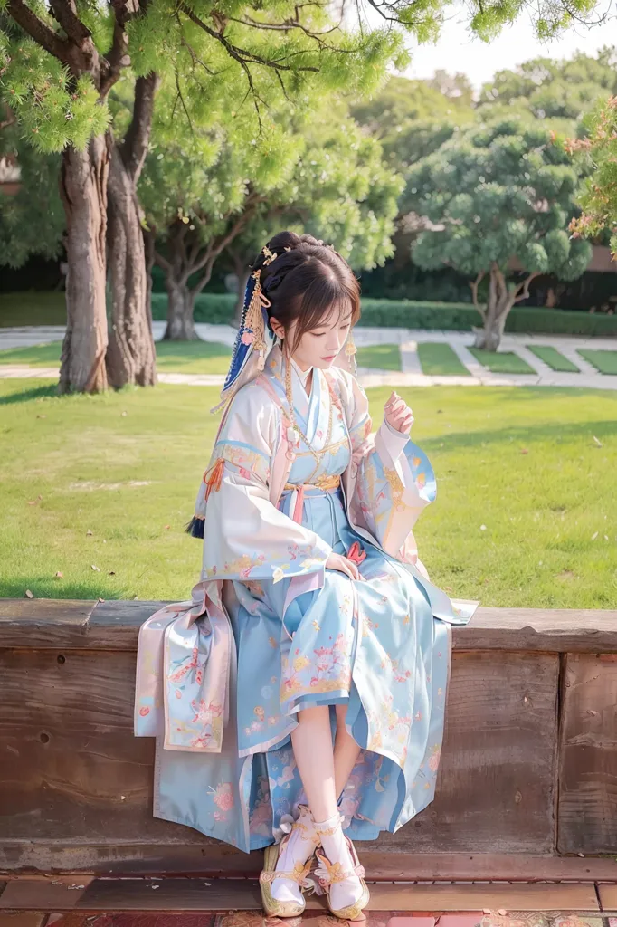 The image shows a young woman wearing a traditional Chinese dress, called a Hanfu, sitting on a wooden bench in a garden. The dress is light blue with floral patterns and has a long flowing skirt. The woman has her hair tied up in a bun and is wearing traditional Chinese hair accessories. She is also wearing white socks and light blue shoes. The background of the image is a lush green garden with trees and plants.
