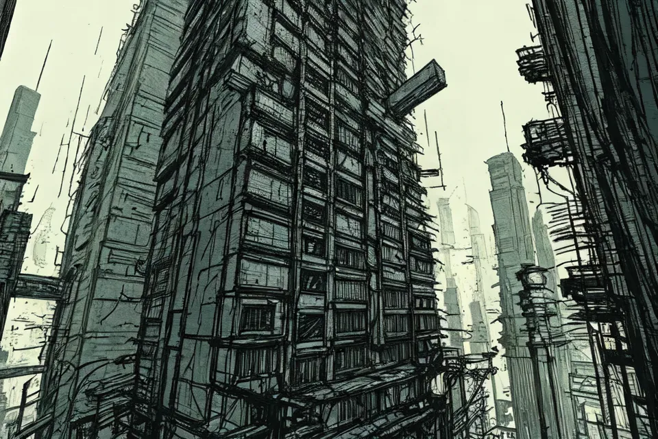 The image is a black-and-white drawing of a city. The buildings are tall and narrow, and they are all made of concrete. The streets are narrow and crowded, and there are no people in sight. The image is very dark and oppressive, and it seems like it is raining. It looks like a scene from a science fiction movie.