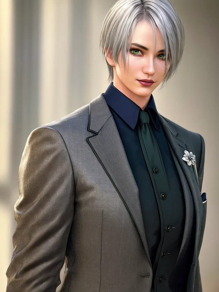 The picture shows a woman with short white hair and green eyes. She is wearing a gray suit jacket with a dark green shirt and tie. There is a flower pin on the lapel of her jacket.