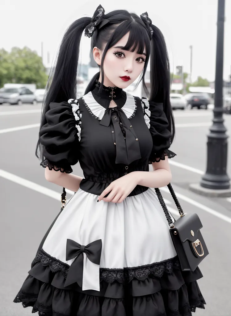 L'image montre une jeune femme portant une robe gothique lolita noir et blanc. La robe a un col et des manchettes blancs, ainsi qu'un nœud noir à la taille. La jupe est ample et plissée, et il y a un jupon blanc en dessous. Les cheveux de la femme sont noirs et coiffés en deux couettes, et elle porte un serre-tête noir avec un nœud. Elle porte également des bas noirs et des chaussures noires. Elle tient un sac à main noir avec une chaîne. La femme se tient dans une rue, et il y a des voitures garées en arrière-plan.