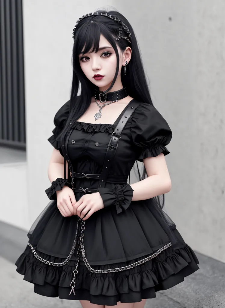 A imagem mostra uma mulher jovem vestindo um vestido de estilo gótico preto. O vestido tem um decote em forma de coração e mangas curtas. A saia é cheia e franzida, com uma anágua de tule. A mulher está usando um choker preto e uma faixa preta para a cabeça com uma corrente. Ela tem cabelos longos e pretos e pele pálida.