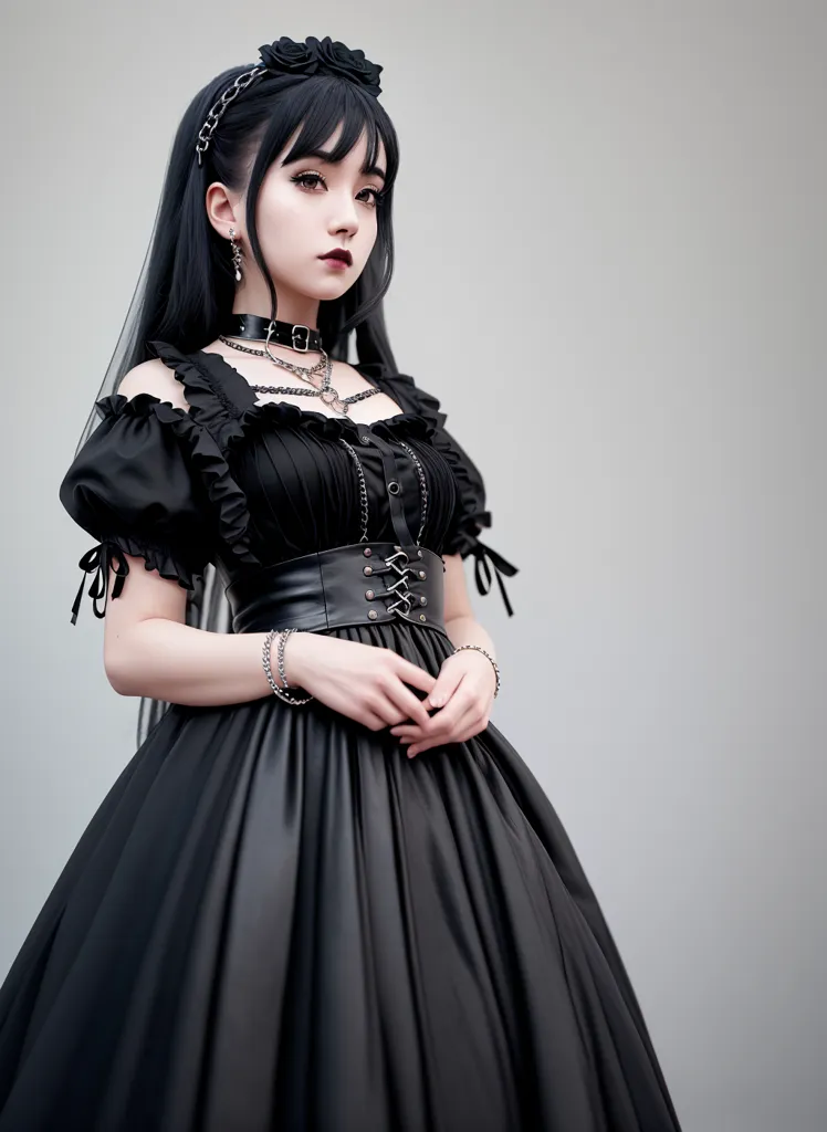 The image shows a young woman wearing a black Gothic dress with a white collar. The dress has a fitted bodice with a sweetheart neckline and a full skirt. The woman's hair is long and black and she is wearing a black headband with a rose. She is also wearing a black choker and a black belt with a chain. The woman's makeup is dark and dramatic with smoky eyes and pale skin. She is standing with her hands clasped in front of her and she is looking at the camera with a serious expression.