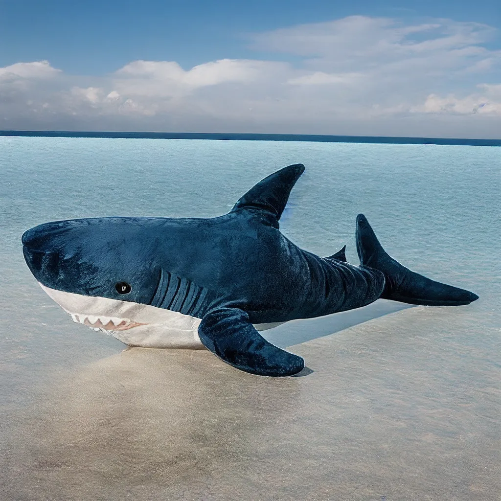 La imagen muestra un gran juguete de peluche de tiburón azul y blanco. Está acostado en el borde de una piscina, con la cabeza y las aletas en el agua. El tiburón tiene una boca grande y abierta con dientes blancos. Su cuerpo está cubierto de tela suave y esponjosa. El tiburón mide aproximadamente 6 pies de largo.