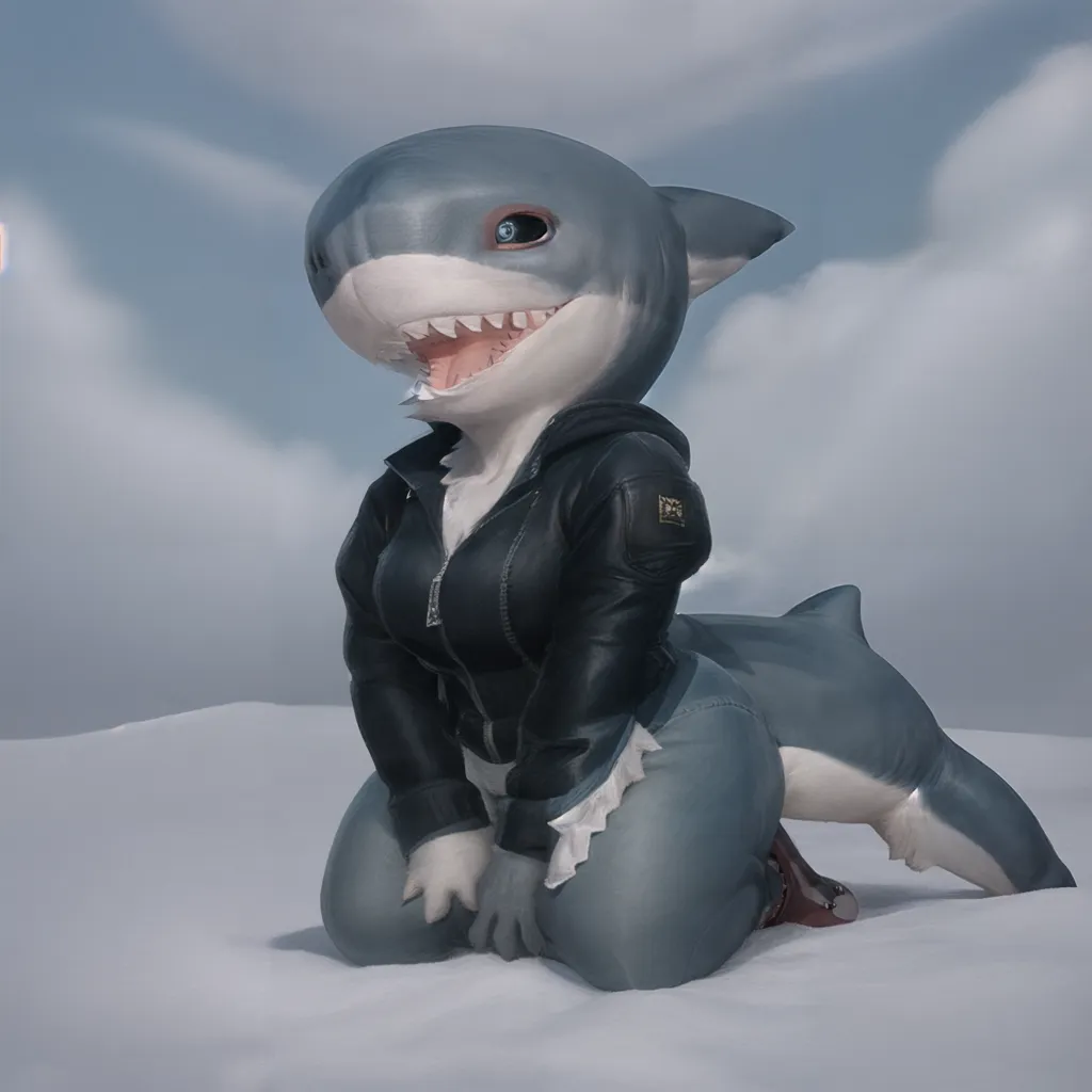 The image shows a shark furry in a black leather jacket and white apron kneeling in the snow. The shark furry has blue eyes and sharp white teeth. It is smiling and looking at the viewer. The shark furry's tail is sticking out of the jacket.