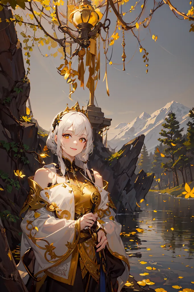 This is an image of a beautiful woman with long white hair and golden eyes. She is wearing a white and gold dress with a crown on her head. She is standing in a forest near a lake, holding a sword. The background is a mountain landscape with a river running through it. The image is in a realistic style and the colors are vibrant and bright.