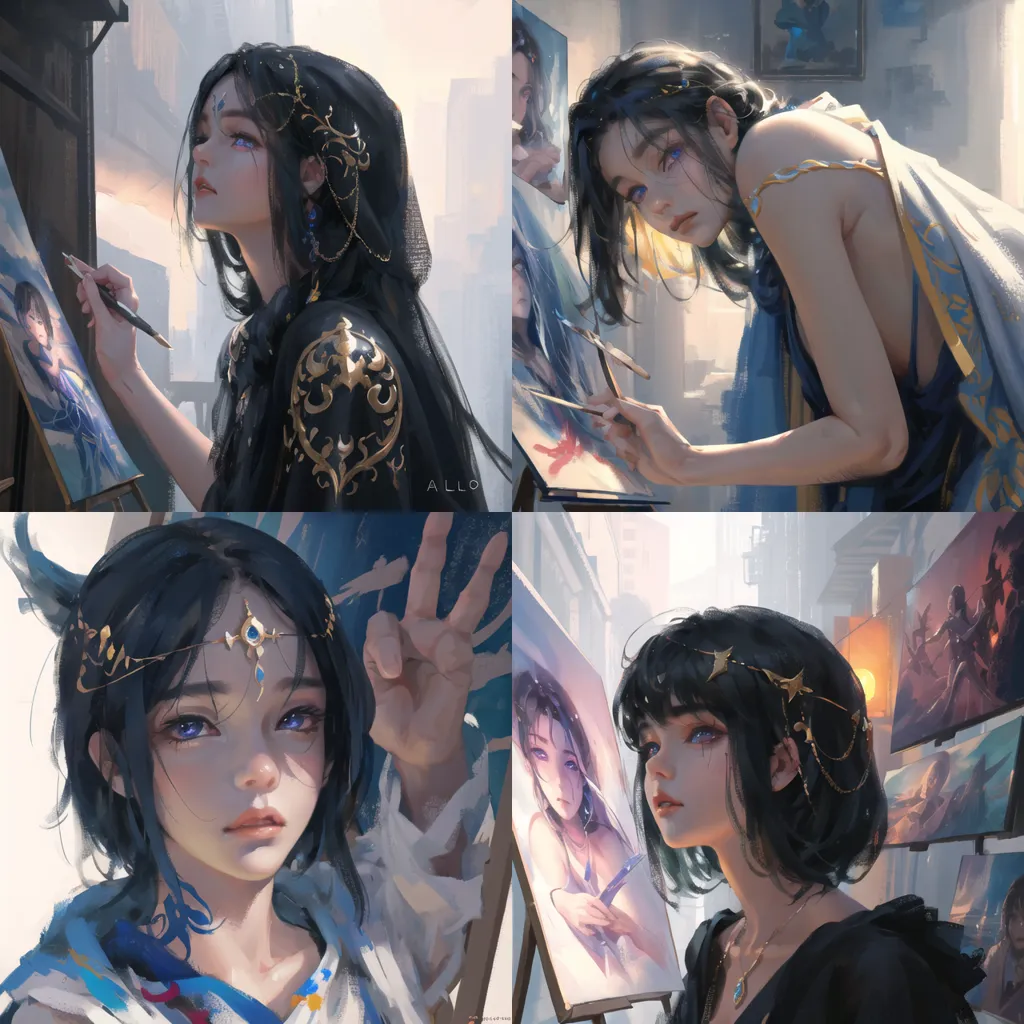 The image shows a young woman with long black hair and blue eyes. She is wearing a white dress with a blue sash and a gold necklace. She is painting on a canvas. There are three other images of her in different poses, all of them with a paintbrush in her hand and wearing different clothes. The background is a blurred cityscape.