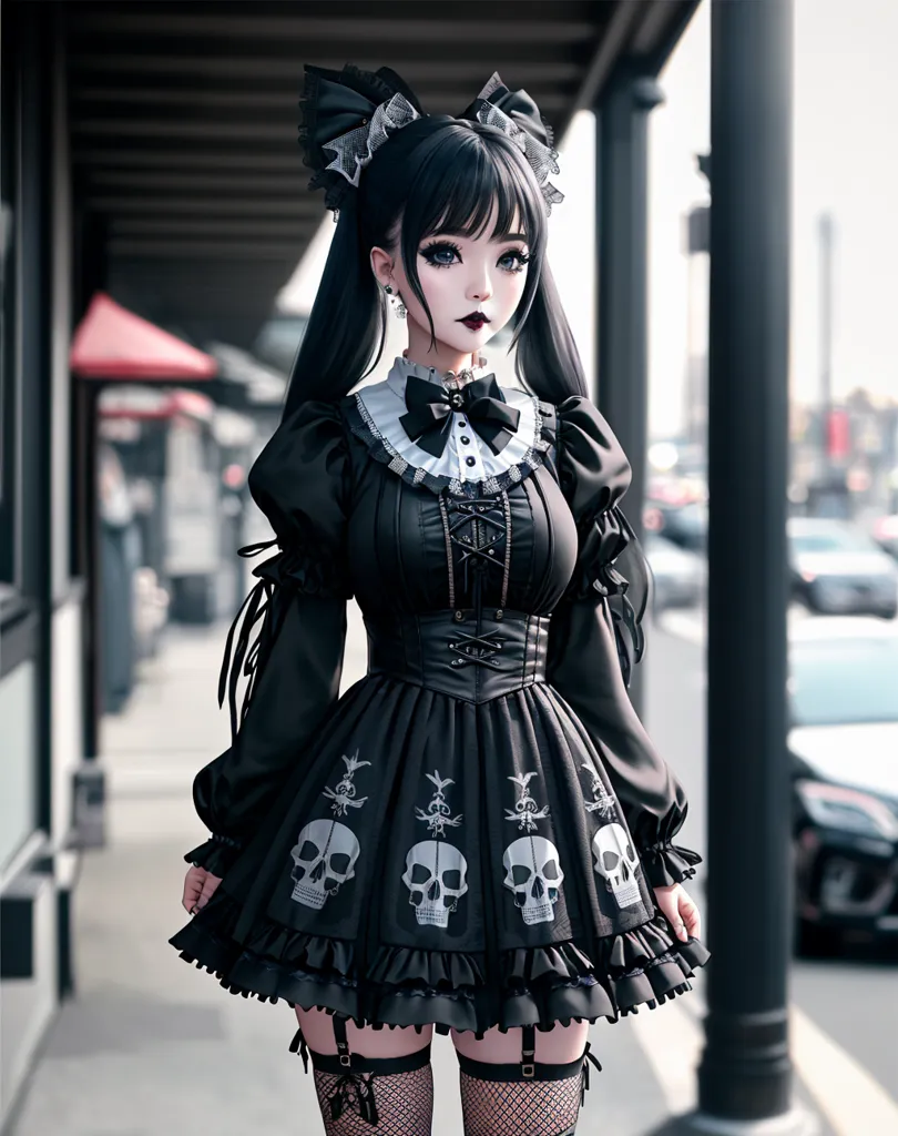 The image shows a young woman with long black hair and blue eyes. She is wearing a black dress with a white collar and a black bow in her hair. The dress has a pattern of skulls on it. She is also wearing black stockings and black boots. She is standing in front of a building.