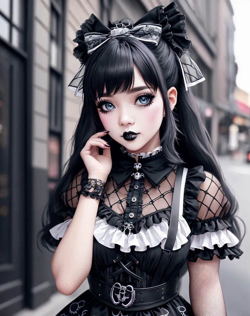 The image is a portrait of a young woman with long black hair and blue eyes. She is wearing a black and white Gothic-style dress with a white collar and a black bow in her hair. She is also wearing a black choker with a silver skull pendant. The background is a blurred street scene.