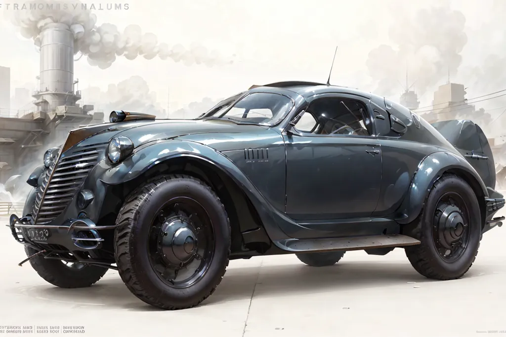 The image shows a retro futuristic car. It is dark grey and has a large engine on the hood. The car is also equipped with large, off-road tires. There are rivets showing on the body of the car and it has a large antenna coming out of the back. The car is parked in a city and there are large buildings and a factory in the background.