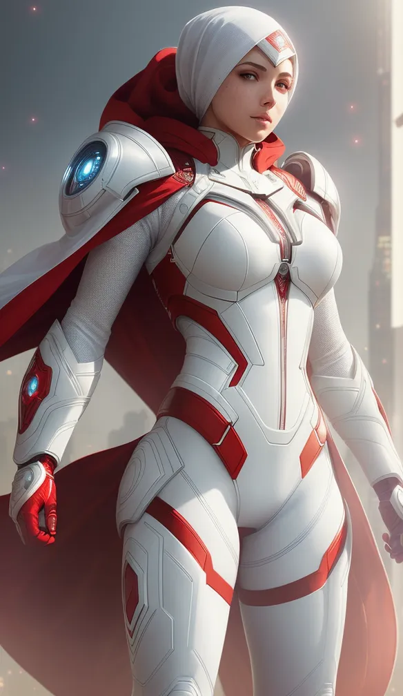 This is an image of a woman wearing a white and red bodysuit. The bodysuit has a high collar and a red cape. The woman is also wearing a white hijab. She has brown eyes and light makeup. Her expression is serious and determined. She is standing in a city. There are tall buildings in the background.