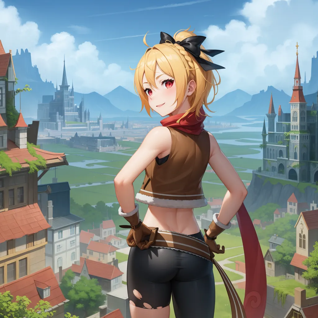 The image is an anime-style illustration of a young woman standing on a rooftop in a European-style city. The woman is wearing a brown vest, black pants, and a red scarf. She has long blonde hair tied back in a ponytail and red eyes. The city is in the background and is made up of tall buildings and cathedrals. The sky is blue and there are some clouds in the distance.