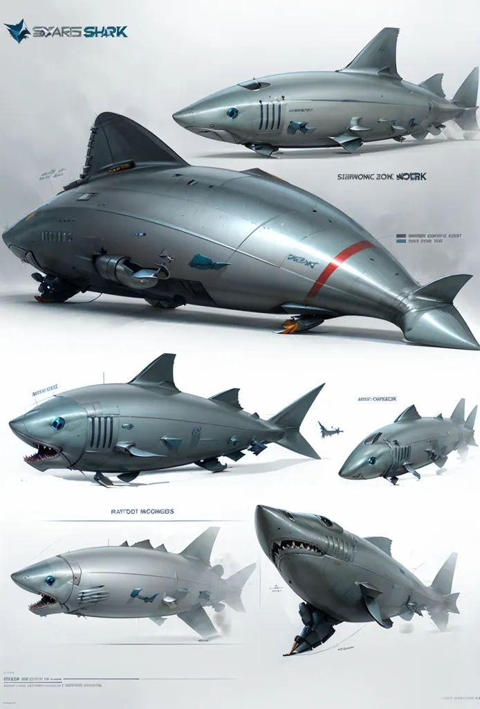 The image shows five different types of robotic sharks. The first one is called the "Starshark" and it is a large, silver shark with a long, pointed snout. It has two large, dorsal fins and a smaller, caudal fin. The second shark is called the "Seawolf" and it is a smaller, more streamlined shark with a shorter snout. It has two small, dorsal fins and a larger, caudal fin. The third shark is called the "Tiger Shark" and it is a large, powerful shark with a broad, blunt snout. It has two large, dorsal fins and a large, caudal fin. The fourth shark is called the "Hammerhead Shark" and it is a large, distinctive shark with a wide, flattened head. It has two small, dorsal fins and a large, caudal fin. The fifth shark is called the "Great White Shark" and it is a large, powerful shark with a long, pointed snout. It has two large, dorsal fins and a large, caudal fin.