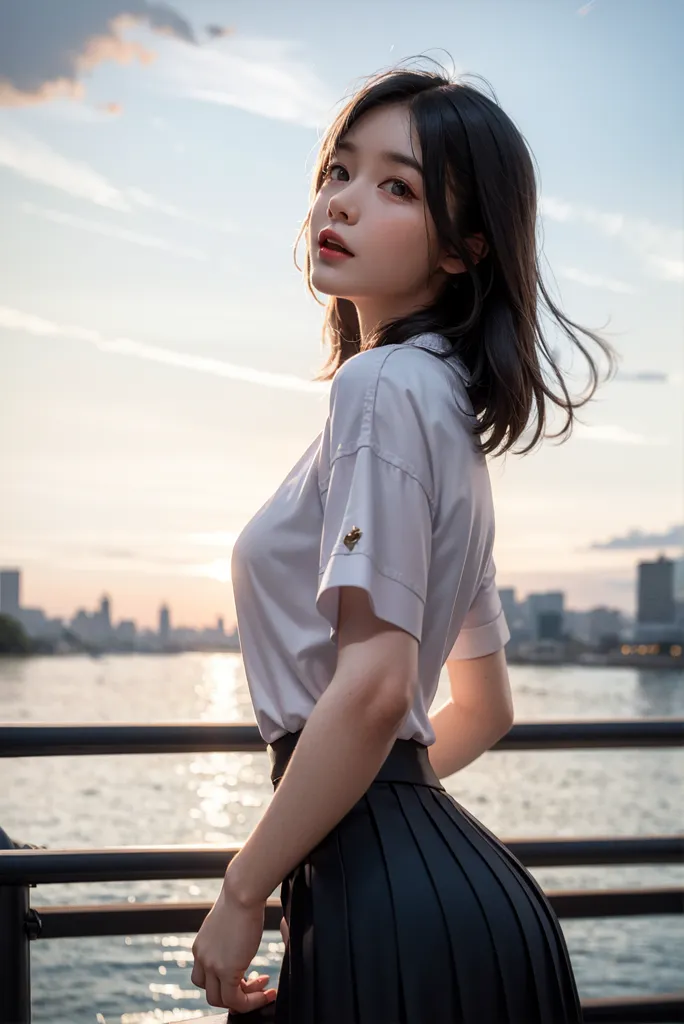 The image shows a young woman standing on a pier, looking back at the camera over her shoulder. She is wearing a white short-sleeved shirt and a black pleated skirt. Her hair is dark and shoulder-length, and she is wearing a small gold necklace. The background is a blurred cityscape with a river in the foreground. The sun is setting and the sky is a gradient of orange and yellow.