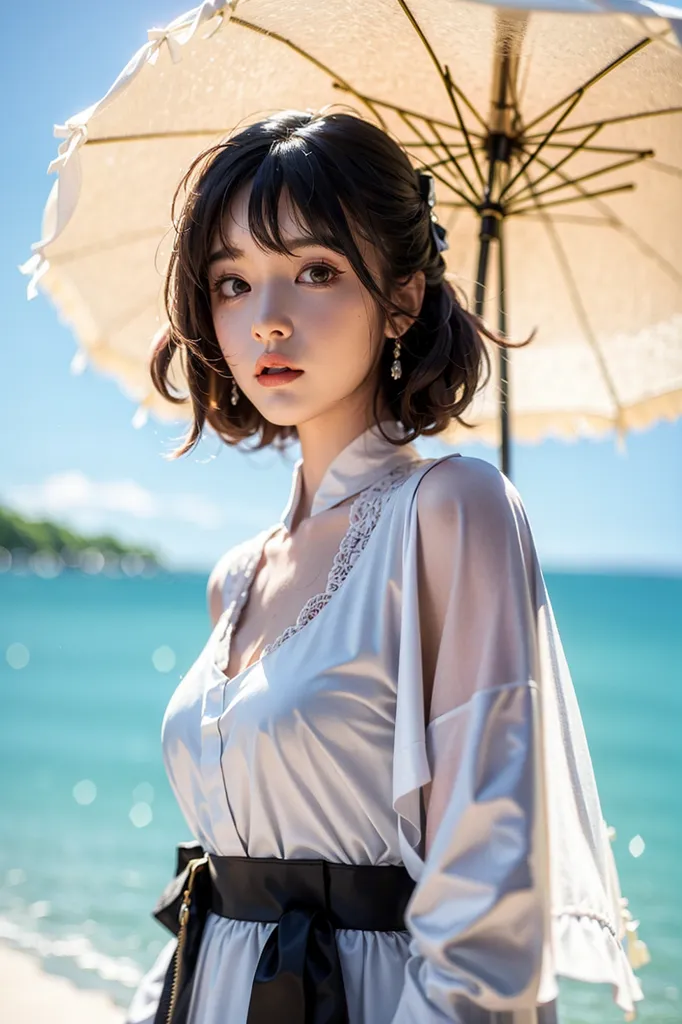 A beautiful young woman is standing on a beach. She is wearing a white dress with a black belt. She has a white parasol in her hand. The woman is looking at the camera with a serious expression. She has short black hair and brown eyes. The background is a blue sea with white clouds in the distance.