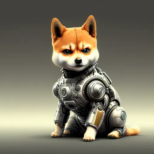 A imagem mostra um cachorro Shiba Inu em desenho animado usando um traje de robô. O cachorro está sentado em uma superfície refletiva. O traje é cinza e tem várias luzes azuis brilhantes. O cachorro tem uma expressão séria no rosto.