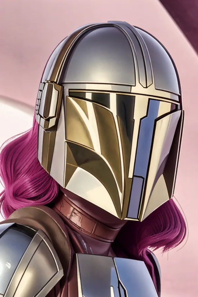 A imagem mostra uma pessoa usando um capacete Mandaloriano. O capacete é feito de metal de cor dourada e tem uma viseira em forma de T. A pessoa está usando uma peruca rosa e tem maquiagem escura. Ela está usando um colete de couro marrom e um pauldrom prateado no ombro direito.