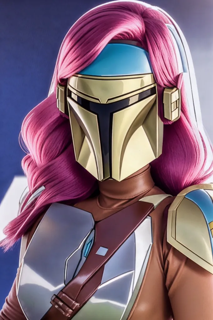 A imagem é de uma mulher usando um capacete Mandaloriano. O capacete é dourado e tem uma viseira em forma de T. Ela também está usando um macacão marrom e uma peruca rosa. A imagem é um close-up do rosto dela.