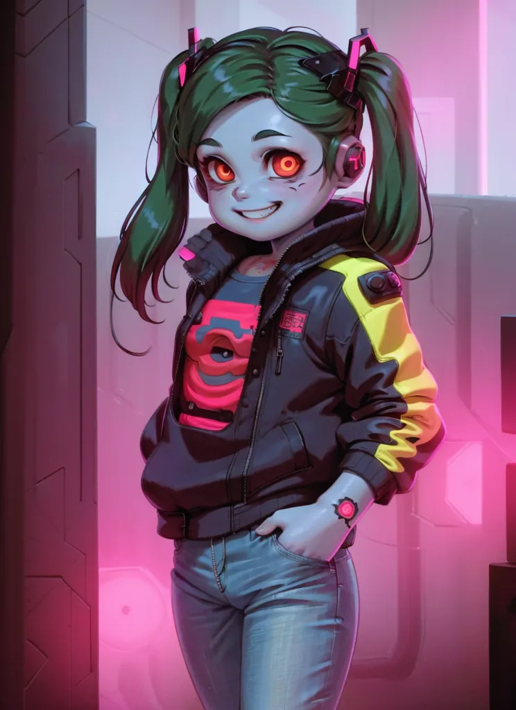 The image is a portrait of a young girl with green hair and orange eyes. She is wearing a black jacket with yellow stripes and a pink shirt with a large eye on it. She also has blue jeans and a red bracelet on her right wrist. She has a confident smile on her face and is standing in front of a white background with pink neon lights on either side.