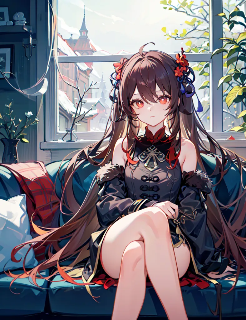 The image is of a young woman with long brown hair and red eyes. She is wearing a black and red dress with a white collar. She is sitting on a couch with a blue blanket with white pillows and a red and white checkered blanket. There is a window next to her with a view of a snowy town. There are also some plants and vases on the windowsill.