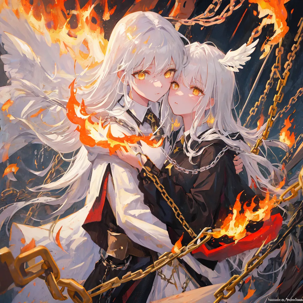 This image depicts two anime-style girls with long white hair and yellow eyes. They are standing close to each other. The girl on the left is wearing a white dress with a black collar, while the girl on the right is wearing a black dress with a white collar. Both girls have chains wrapped around their bodies. There are also flames surrounding the girl on the left.