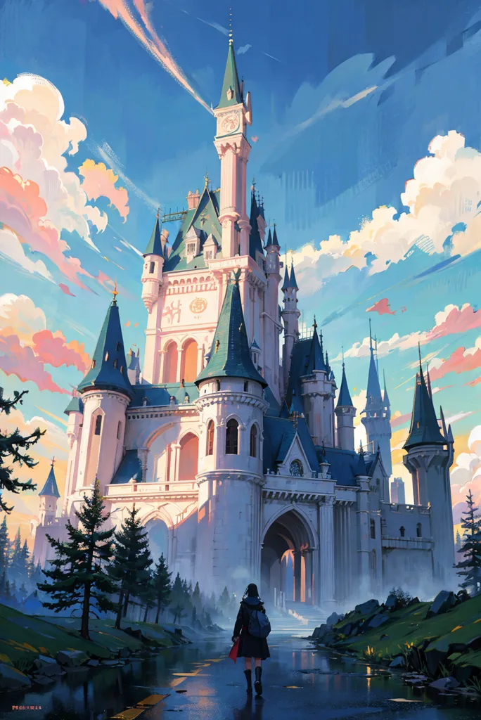 The image is a painting of a fairytale castle. The castle is white with blue and green accents. It has many towers and turrets, and there is a large gatehouse in the front. The castle is surrounded by a forest of green trees. There is a river in front of the castle and a path leading up to the gatehouse. The sky is blue and there are some clouds in the distance. There is a person standing in front of the castle. They are wearing a black cloak and they have a red scarf. They are looking at the castle.