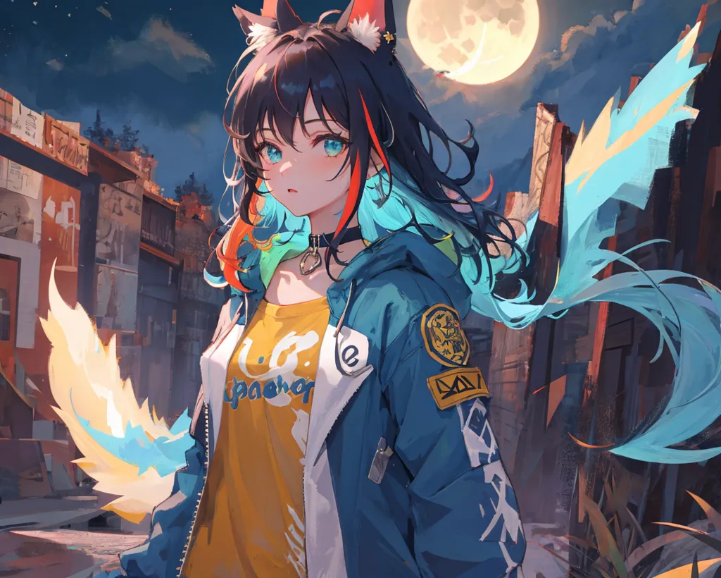 The image is of an anime-style girl with cat ears and a tail. She is wearing a yellow shirt, a blue jacket, and a black choker. She has blue eyes and long brown hair that fades to teal at the tips. She is standing in a ruined city at night, with a full moon in the background. There are buildings and debris all around her, and the sky is dark and cloudy. The girl is looking at the viewer with a serious expression on her face.