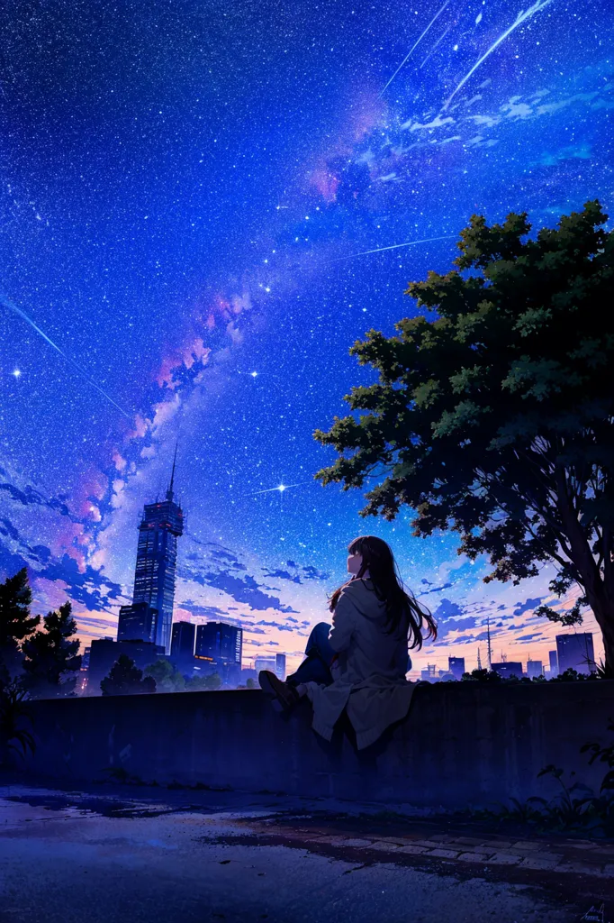 A imagem é de uma menina sentada em um muro, olhando para um céu noturno cheio de estrelas. Há uma árvore ao lado dela e um edifício alto ao fundo. O céu é azul escuro e as estrelas são brancas. A menina está usando um casaco marrom comprido e tem cabelos longos e castanhos. Ela está sentada com os joelhos dobrados contra o peito e os braços envolvendo as pernas. A imagem é pacífica e serena.