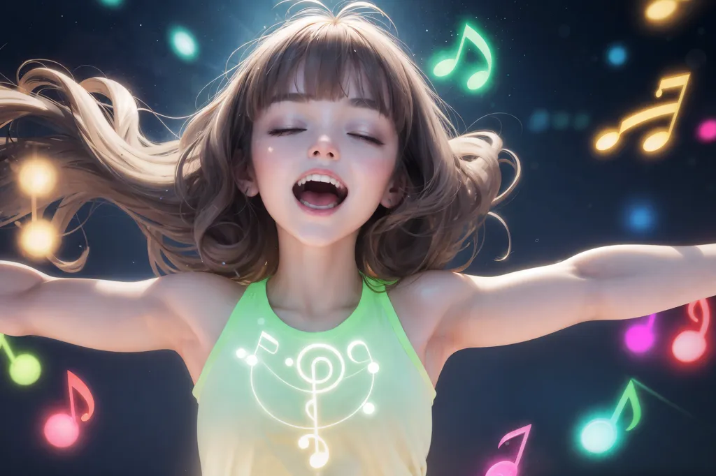 The image shows a young girl with long brown hair and her eyes closed. She is wearing a green tank top. She is singing with her mouth open and her arms are outstretched. There are colorful music notes floating around her. The background is dark blue with a spotlight shining down on her.