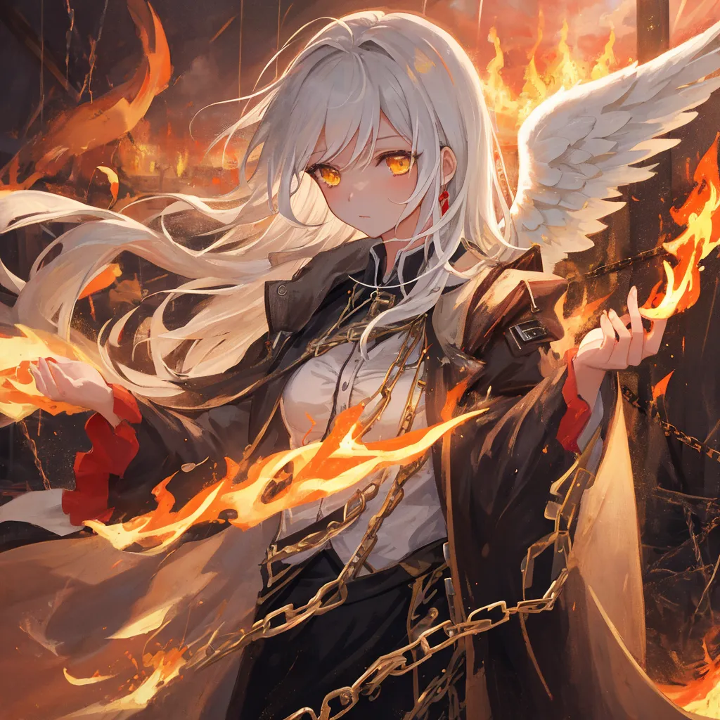 The image is of a young woman with long white hair and yellow eyes. She is wearing a black and white outfit with a red scarf. She is standing in front of a burning building. There are flames coming out of her hands. She has a serious expression on her face.