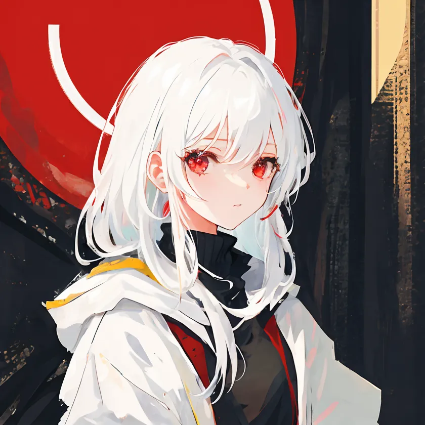 The image is a portrait of a young woman with long white hair and red eyes. She is wearing a white hoodie with a black turtleneck collar. The background is a dark red circle with a white crescent moon in the upper left corner. The woman's expression is serious and thoughtful.