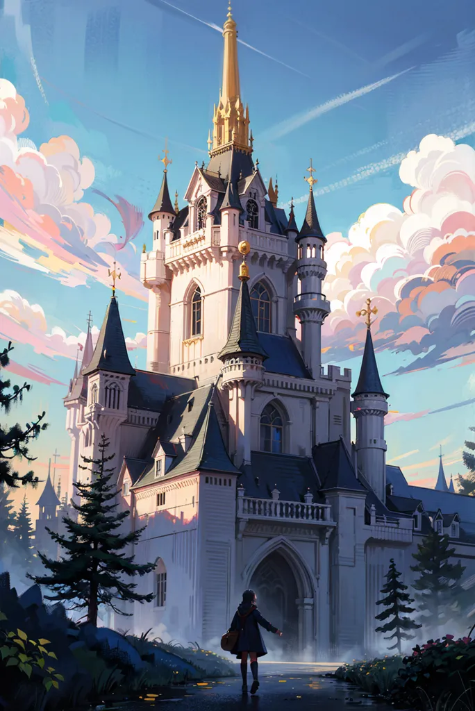 The image is of a tall, white castle with a blue-grey roof. It has many towers and turrets, and there are trees and clouds in the background. A girl with a bag is standing in front of the castle, looking up at it in wonder.