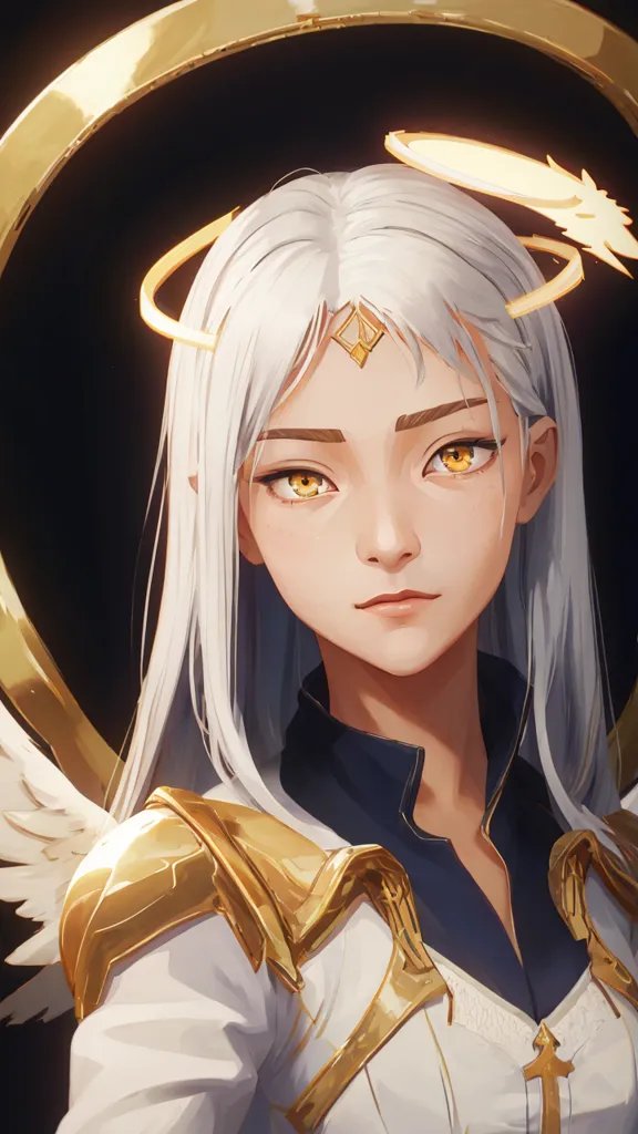 The image is of a beautiful young woman with long white hair and golden eyes. She is wearing a white and gold dress with a high collar and has a gold halo above her head. She has a serene expression on her face and is looking at the viewer with her head tilted slightly to the right. She has a pair of white feathered wings.