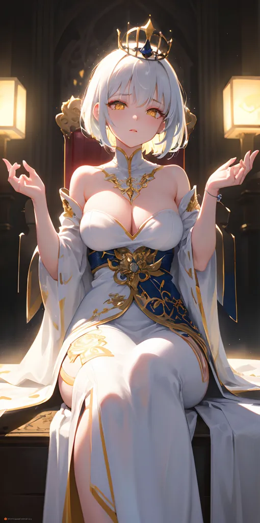 The image is of a beautiful anime girl with white hair and yellow eyes. She is wearing a white and gold dress with a high slit, and she is sitting on a throne. She is wearing a crown and has a gentle smile on her face. The background is a dark room with two lanterns.
