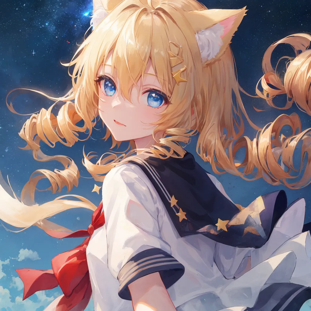 The image is a portrait of a young woman with long, wavy blonde hair and blue eyes. She has cat ears and is wearing a white shirt with a blue collar. There are stars on the collar. She is also wearing a red bow. The background is a starry night sky.