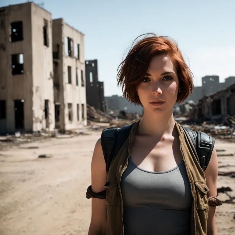 This is an image of a young woman standing in a post-apocalyptic city. She is wearing a tattered olive green vest and a grey tank top. She has a backpack on her back and her hair is short and red. She is looking at the camera with a determined expression. The background is a ruined city with destroyed buildings and rubble everywhere.