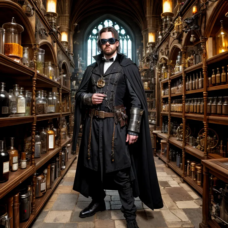 The image is of a man wearing a black steampunk outfit. He is standing in a room with shelves full of potions and other magical objects. The man has brown hair and blue eyes. He is wearing a black coat and a black vest. He is also wearing a pair of goggles. The man looks like he is a wizard or an alchemist.