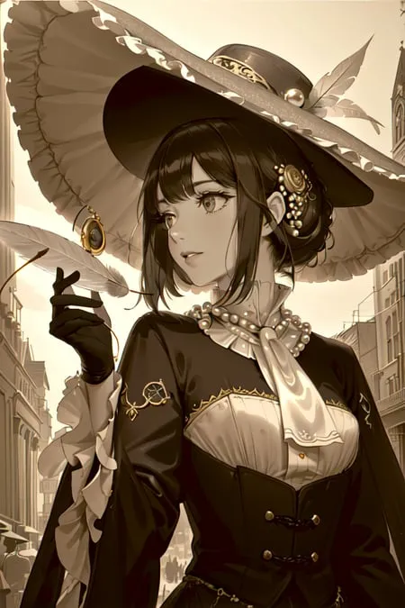 The picture shows a young woman wearing a large brown hat with a black band and a feather. She is wearing a black dress with a white collar and a long black necklace with a golden pendant. The pendant has a clock on it. She is holding a quill pen in her right hand and is looking at it. She has brown hair and brown eyes. She is standing in a street with a building in the background.