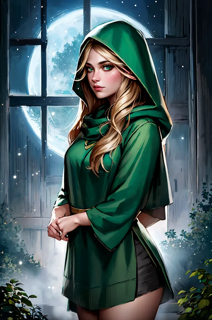 La imagen es una pintura de una hermosa mujer joven con cabello rubio largo y ojos verdes. Ella está usando una capa con capucha verde y un cinturón de cuero marrón. La mujer está de pie frente a una puerta de madera con una ventana redonda. La luna brilla intensamente en el fondo.