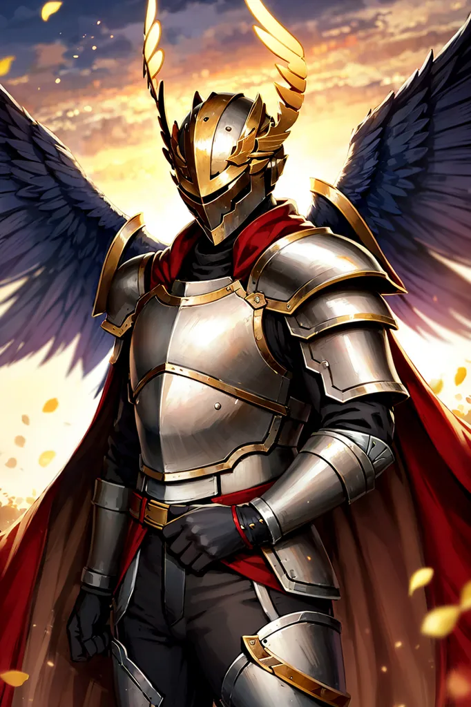 This is an image of a knight in full armor with a red cape and golden wings. The knight is standing in a field of wheat, with a large tree behind him. The sun is setting, and the sky is a bright yellow. The knight is holding a sword in his right hand and a shield in his left hand. He has a determined look on his face, and it is clear that he is ready for battle.